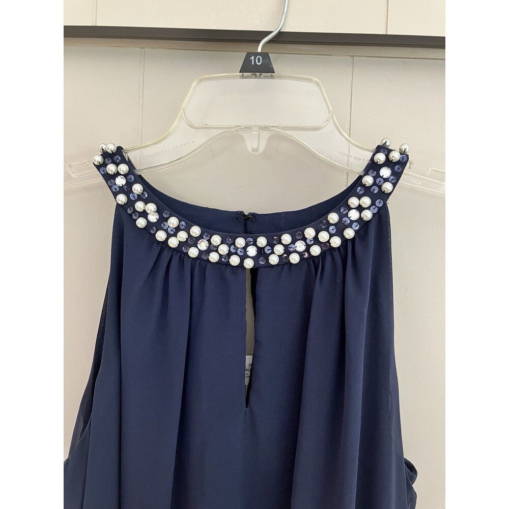 SLNY Navy Blue Chiffon Cocktail Dress Pearl Beaded Halter Neck NWT Size 10